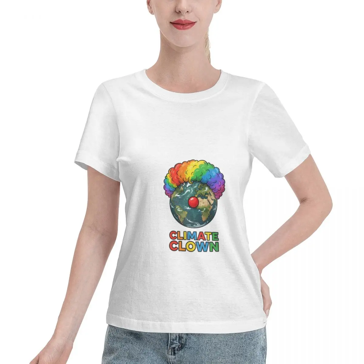 Clearance Climate Clown Earth Rainbow Environmental Art Women's T-shirt Holiday Casual Non Fading Tee