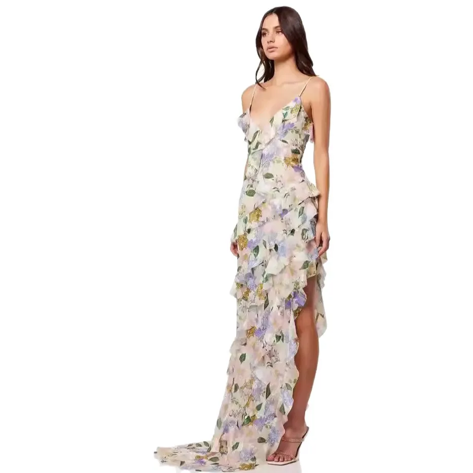 2025 nuevo vestido de noche de hombro descubierto a la moda para mujer de primavera y verano con vestido largo de seda etéreo