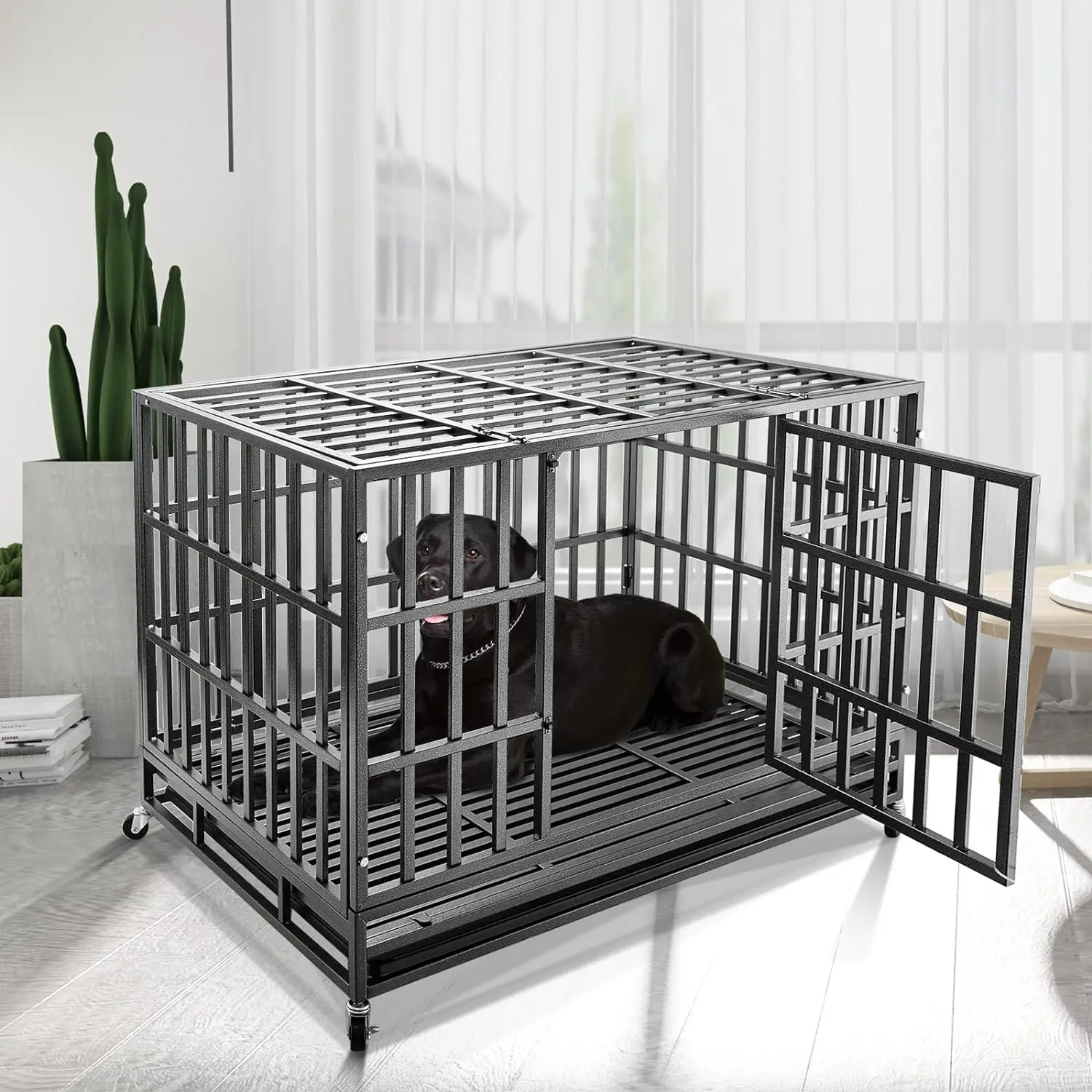 

Confote 47 Inch Heavy Duty Dog Crate Metal Cage Kennel, High Anxiety Pet Cage with Lockable Wheels & Double Doors for Medium Lar