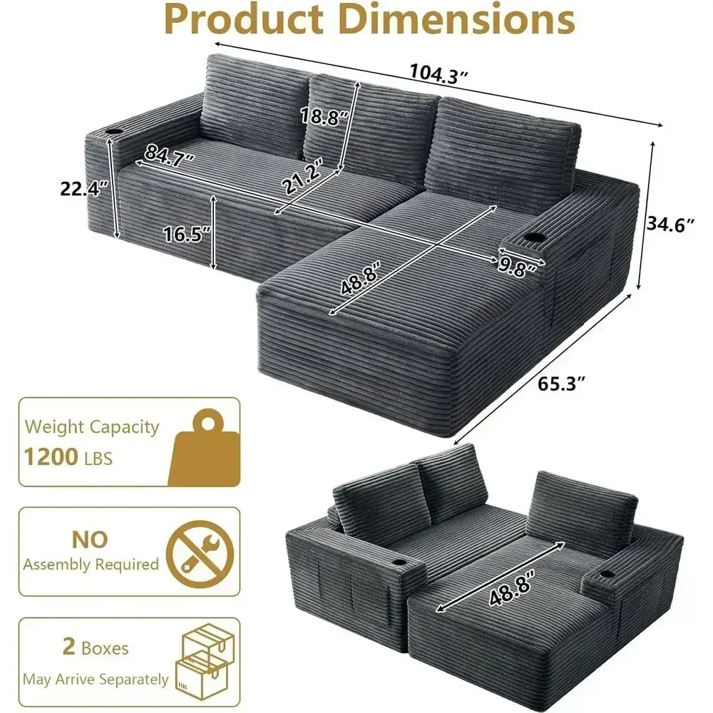 104 L-Shaped Sectional Sofa with Cup Holders, Corduroy Fabric, Deep-Seat, Grey, Right-Facing Chaise, No Assembly Needed