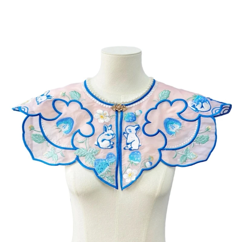 Colar Hanfu Antigo Pérolas Falsas Yunjian Bordado Colar Renda Hanfu Xale