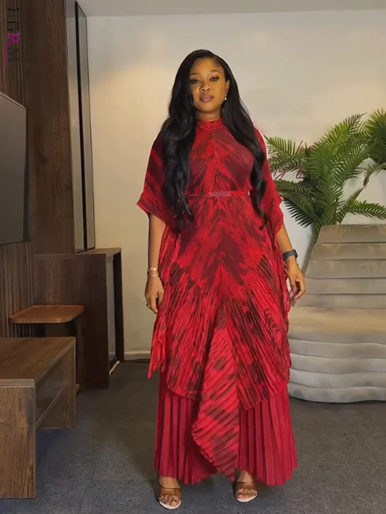 

EGRM Женский плиссированный комплект из двух предметов с воротником-стойкой и нерегулярным принтом, свободное шикарное длинное платье с рукавами «летучая мышь» + широкие брюки 8R1032