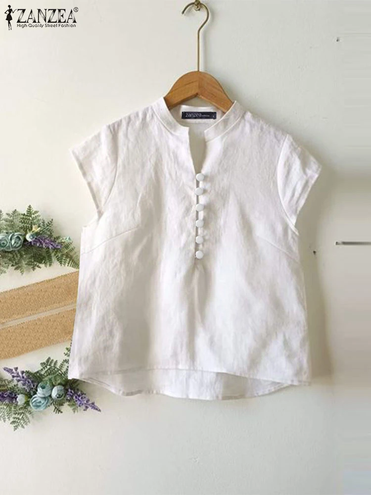 

Summer V Neck Short Sleeve Tops ZANZEA Elegant Women OL Work Blouse Female Solid Cotton Shirt Casual Loose Chemise Oversize 2024