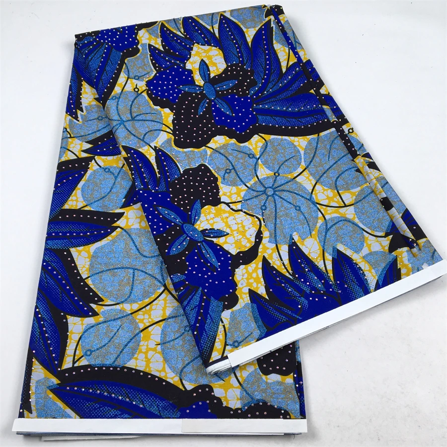2026 New African Real Dutch Wax Fabric Gold Glitter Rhinestones Ankara Cotton Pagne Blue Floral Textile For Dashiki Boubou view 2