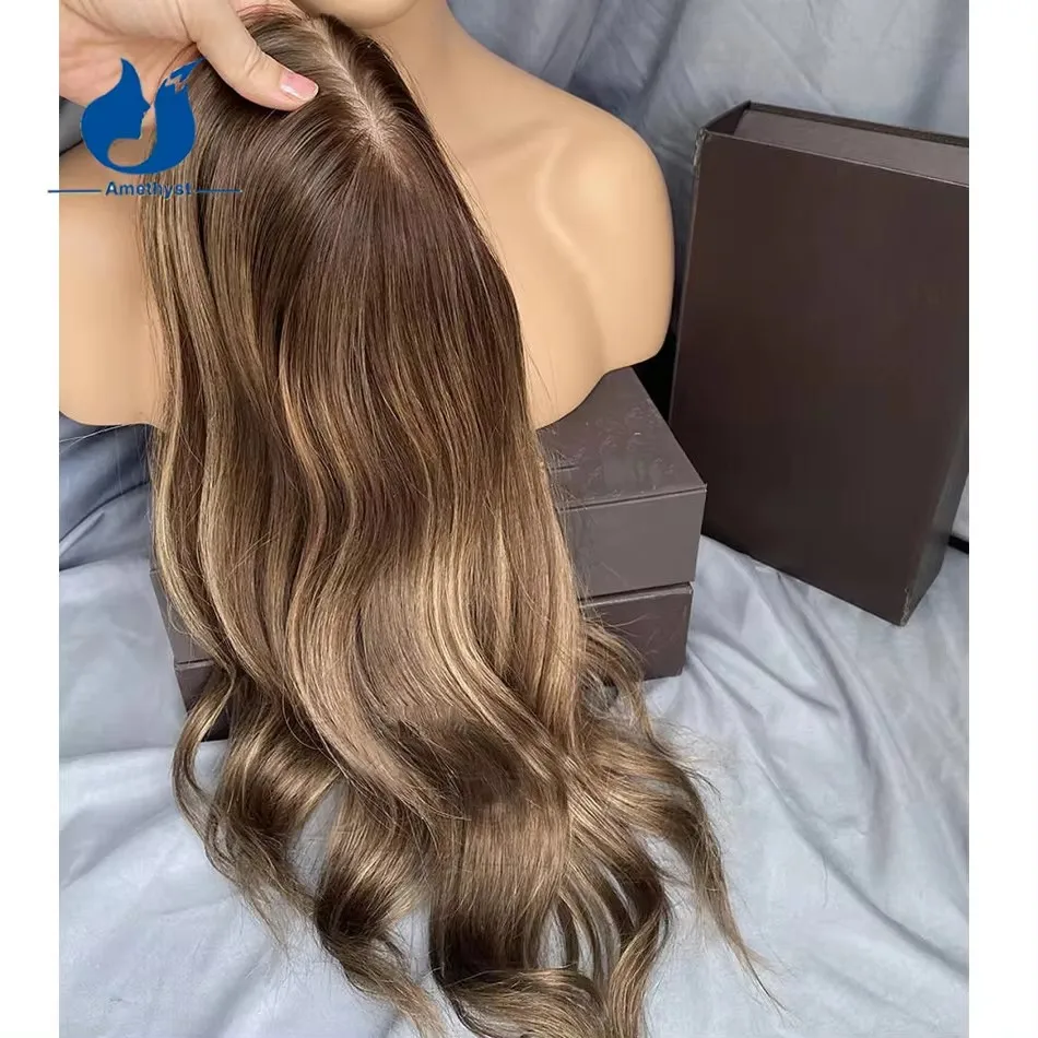 Amatista 5 "x 6" resaltado Rubio ondulado cabello humano virgen Base de seda Topper cabello europeo para mujer tupé de seda Color Balayage