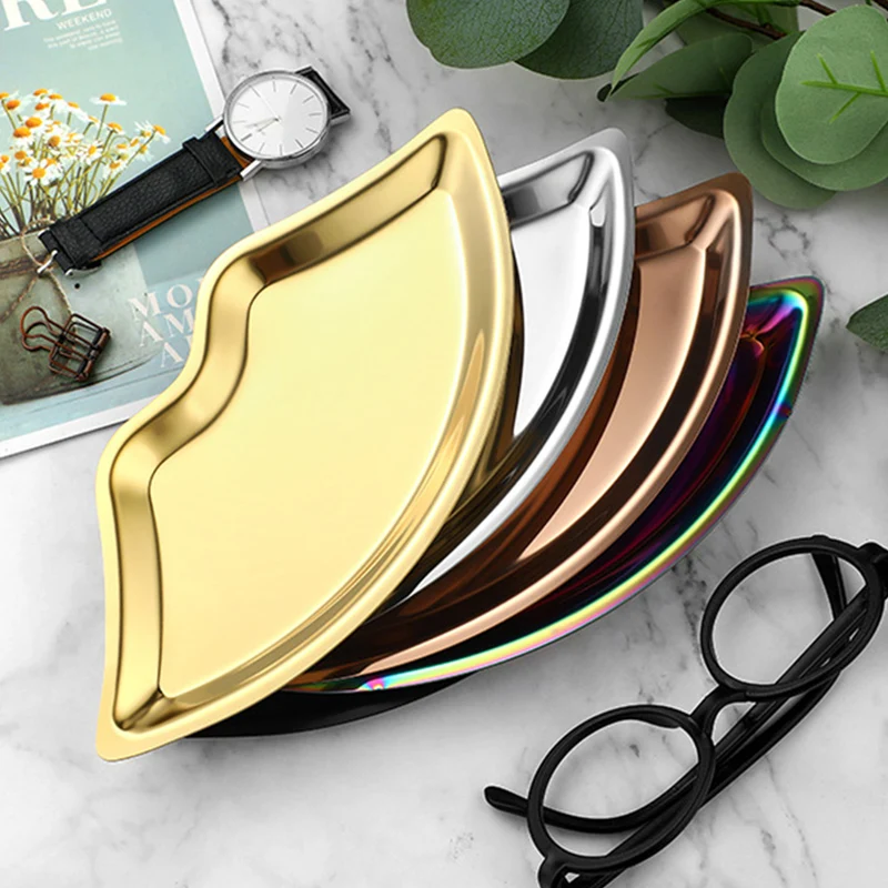 Stainless Steel Lip Shaped Jewelry Display Tray False Eyelashes Home Cosmetics Metal Tray Female Jewelry Storage Tray Decorative