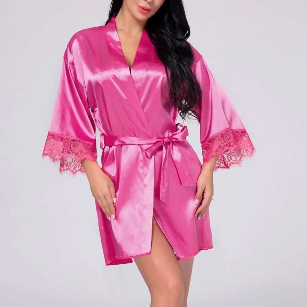 Women Sexy Lace Satin Lingerie Ultra-thin Translucent Nightdress Silky Smooth Nightwear Solid Mini Dress Breath Soft Sleepwear