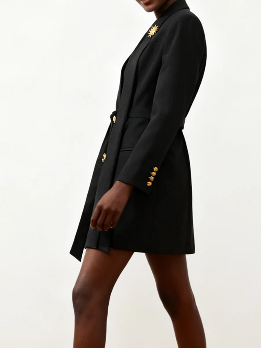 VGH Zwart Office Chic Patchwork Metalen Pin Jas voor Vrouwen Revers Lange Mouw Gesplitst Double Breasted Temperament Blazer Vrouwelijke Nieuw