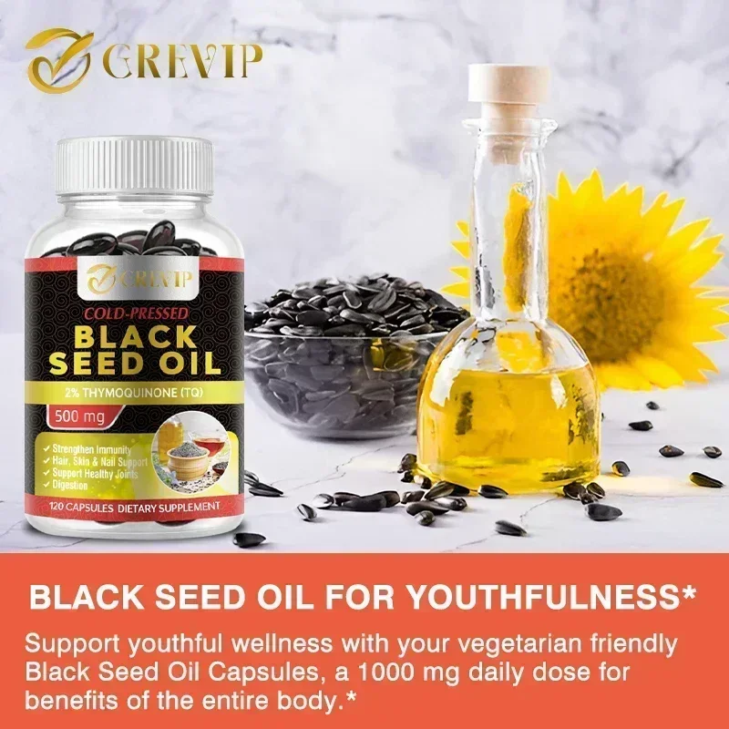 

Black Seed Oil Capsules - Supports Hair, Joint and Digestive Health, Boosts Immunity and Maintains Healthy Skin Vegan