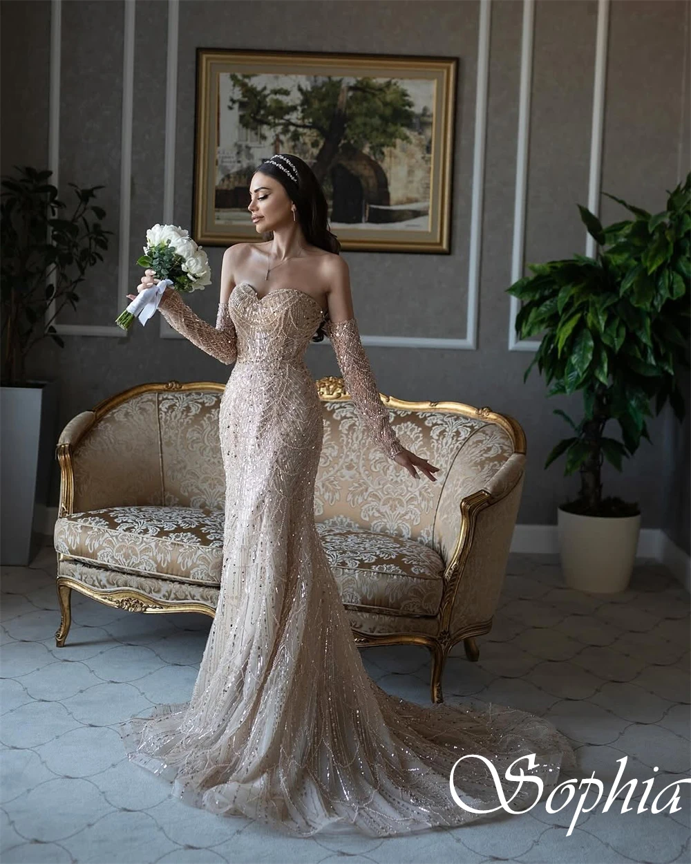 カスタマイズされた恋人取り外し可能なスリーブ絶妙なブライダルドレスマーメイドレースアップバックファッションイブニングドレスキラキラウェディングドレス