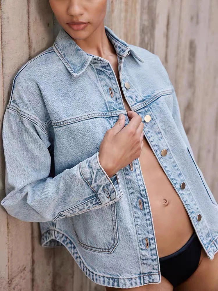 

Spring New Women's Loose Fit Long Sve Collar Denim Jaet Waed Outerwear Casual Commute Sle Regular Length