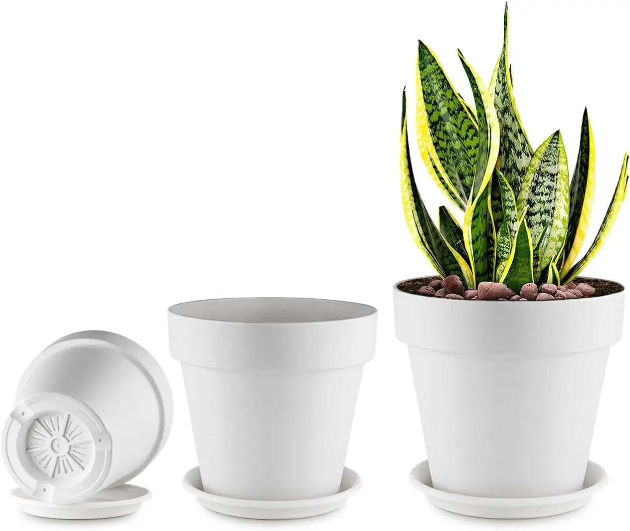 

3-Pack 8/9/10 Inch Plastic Plant Pots with Saucers – Durable BPA-Free Planters with 21 Drainage Holes, Raised Bottom Br