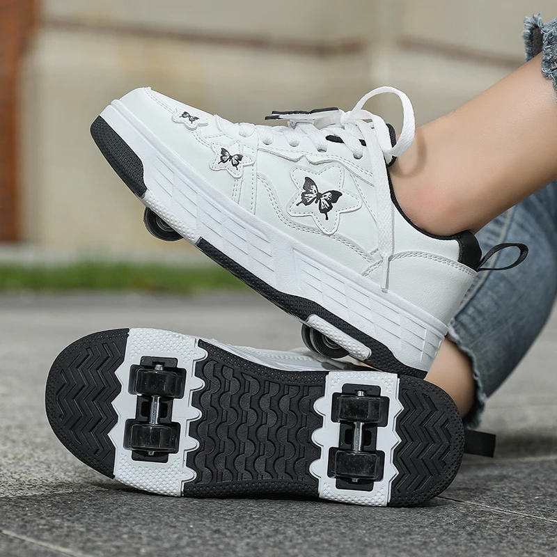 Crazy shoes girls' shoes children’s four-wheel automatic detachable roller skates girls' lace-up sneakers with wheels