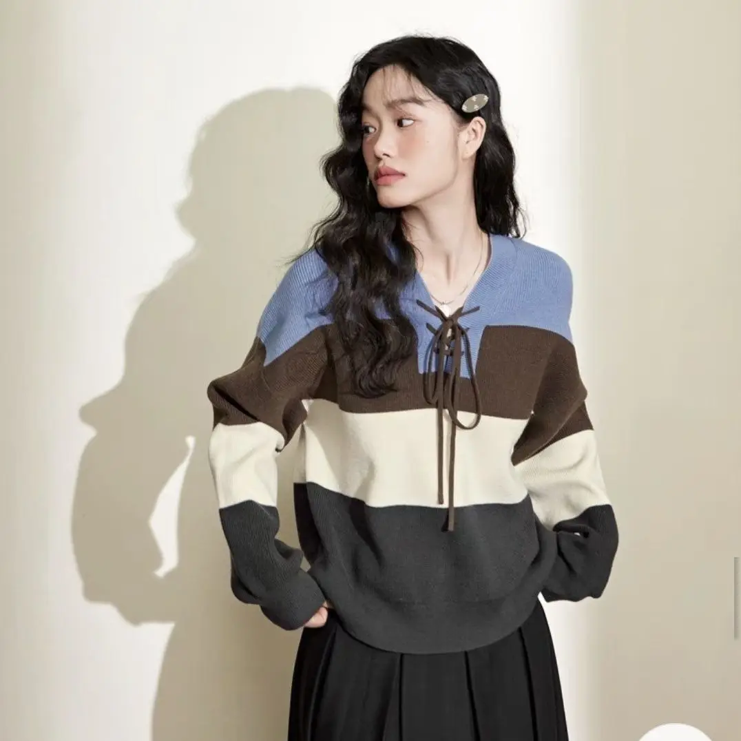 Kimutomo 2026 Women Color Block Retro Stripe Sweater 2026 Autumn Winter New V Neck Loose Thin Knit Top Ins Stylish Pullover