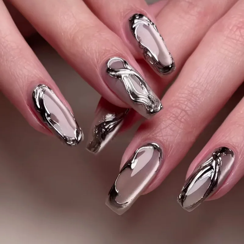 

24pcs Metallic Silver Cat Eye Press-On Nails - Frosted 3D Edge Long Square Shape (Multi Sizes) False Nails With Wearing Tools