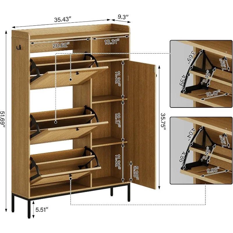 Shoe Cabinet, Natural Rattan Freestanding Shoe Organizer with 3 Flip-out Drawers and 4 Open Shelves Side Cabinet