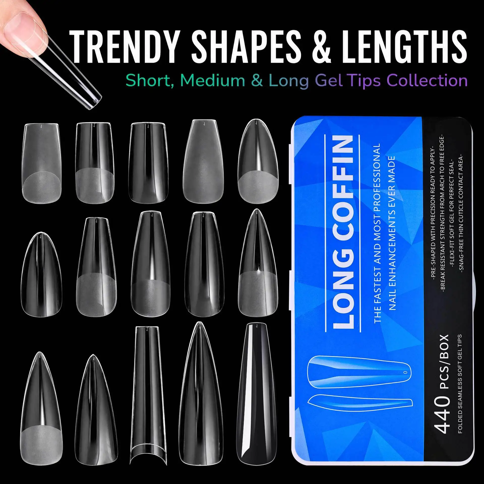 440/550pcs/box Medium and Long Soft Gel Nail Tips Medium Apricot/Coffin Head Half/Full Coverage Extension Tool Press-On Nail