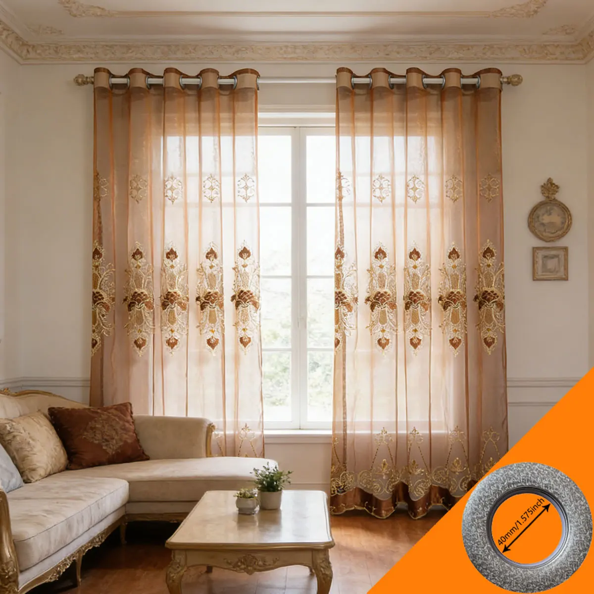 

2pcs Luxury European Coffee Gold Embroidered Sheer Curtains (Curtains Only, Rod & Accessories Not Included)