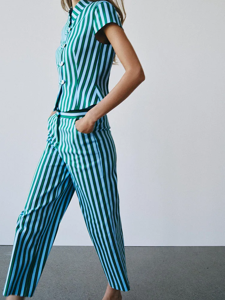 New 2026 Women's Fashion Narrow Waist Wide Leg Pants Rope Buckle Short Sleeve Stand Collar Traditional Chinese Style Top