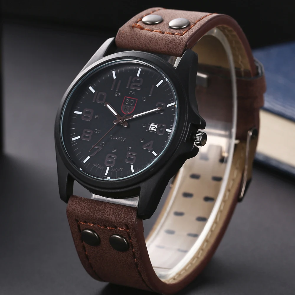 SOKI Mens Out-door Sprots Watch Fashion Leather Wristwatch Quartz Masculino Relogio Male Student Calendar Clock Relojes Saati