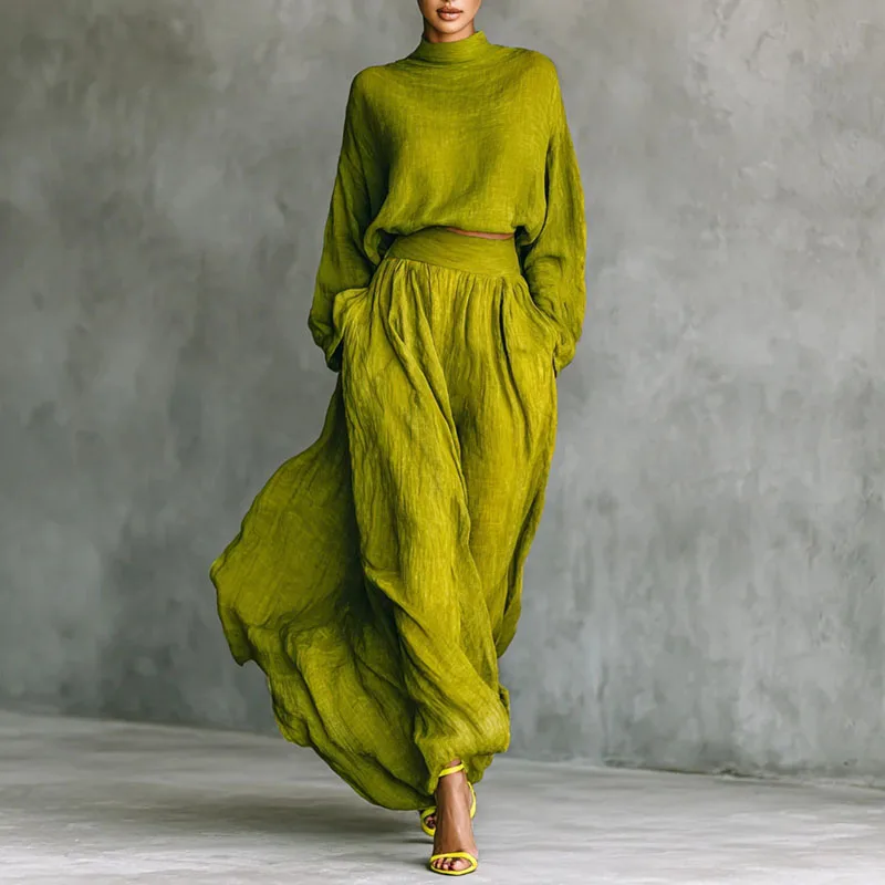 Retro Solid Cotton Linen Woman Clothing Elegant Crew Neck Batwing Sleeve Top Pullovers And Pleated Skirts Suit Autumn Outfit Set