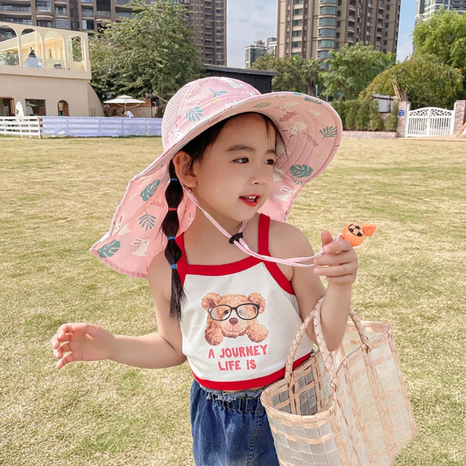 

Summer Kids Bucket Hats Teens Fisherman Hat Large Brim Sun Cap UV Resistant Sunscreen Hat Adjustable Windproof Rope With Whistle