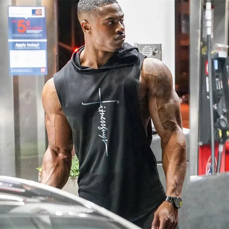 Men's Workout Sleeveless Hooded Tank Tops Cotton Curved Hem Gym Muscle Shirt Bodybuilding Running Vests Hoodie Sports Tops