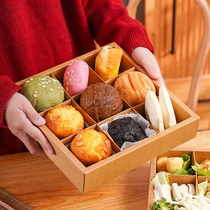 Retro Kraft Paper Nine-square Grid Takeout Hot Pot Packaging Box for Dessert Cake Picnic - Baking Dessert Cake Picnic Box