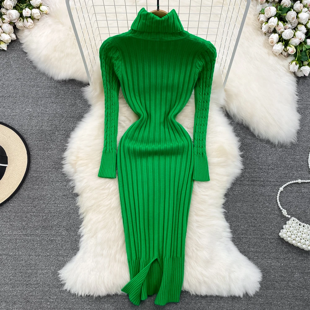 Elegant Turtleneck  Elastic Tight Dress Sexy Korean Fashion Knit Vestido Long Sleeve Autumn Winter Sweater Bodycon Pencil Dress