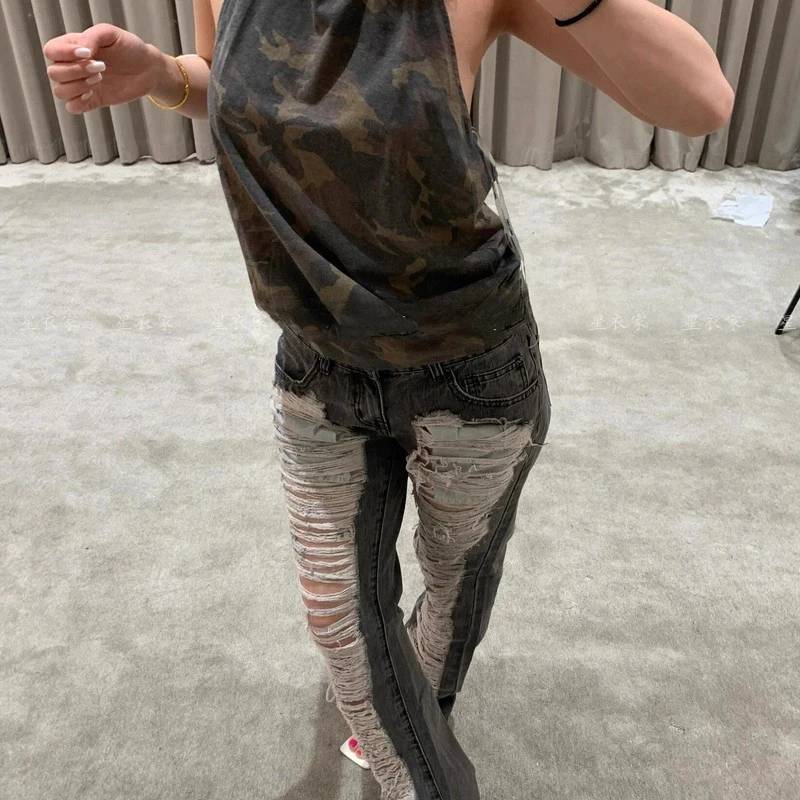 

Women American Hot Girl Washing Big Damage Jeans Y2k Japanese Harajuku Low Rise Ripped Denim Pants
