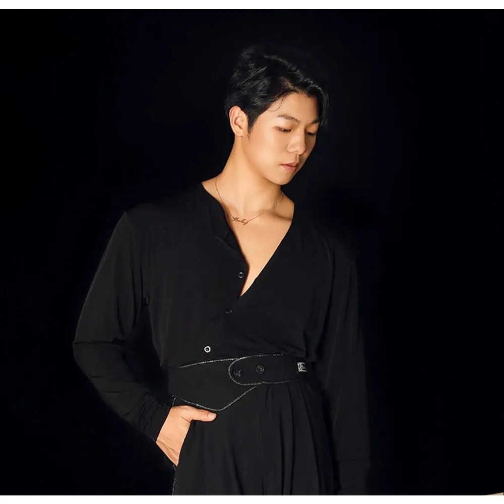 Men's Short/Long Sleeves Latin Dance T-shirt Boy's Practice Top Wear Customized Men's Balloom Modern Dance Deep V Neckline Shirt