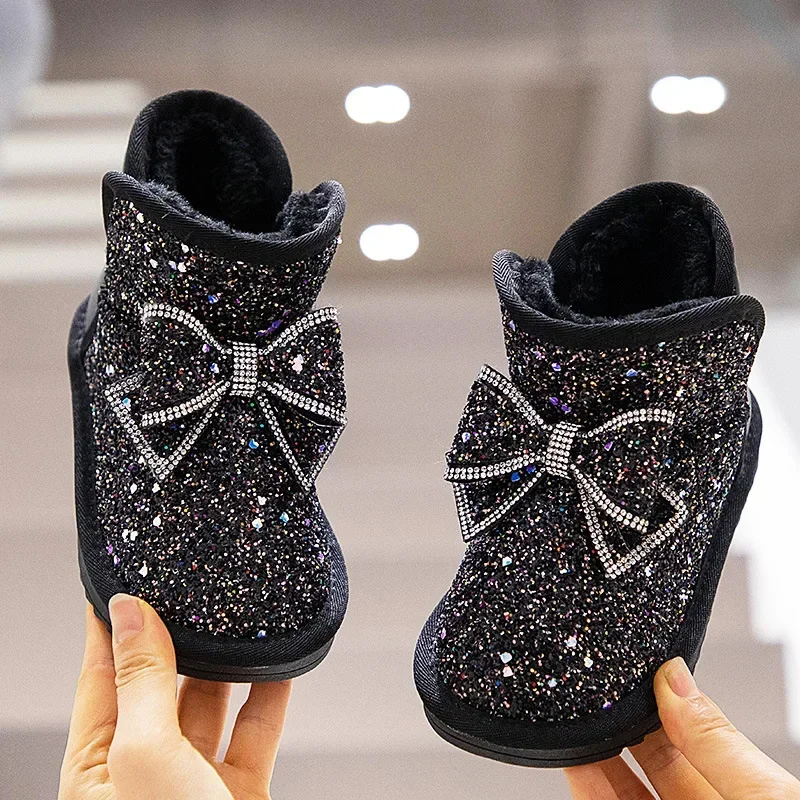 Solid Color Girl\'s Plush Short Boots Cute Fashion Sequin Bowknot Round Toe Winter Warmth Kids Non Slip Outdoor Soft Bottom Shoes