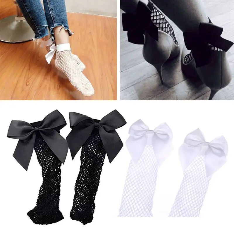 

Popular Small Grid Fishnet Socks with Kawaii Bow Net Baby Girl Elastic Fishnet Mesh Short Socks with Ribbon Bow Socks