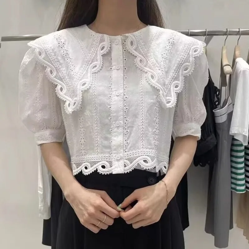 Neploe Elegant Puff Sleeve Shirts Women Y2k Cute Peter Pan Collar Ruffles Blouses Summer New Lace Hollow Out  Blusas Mujer