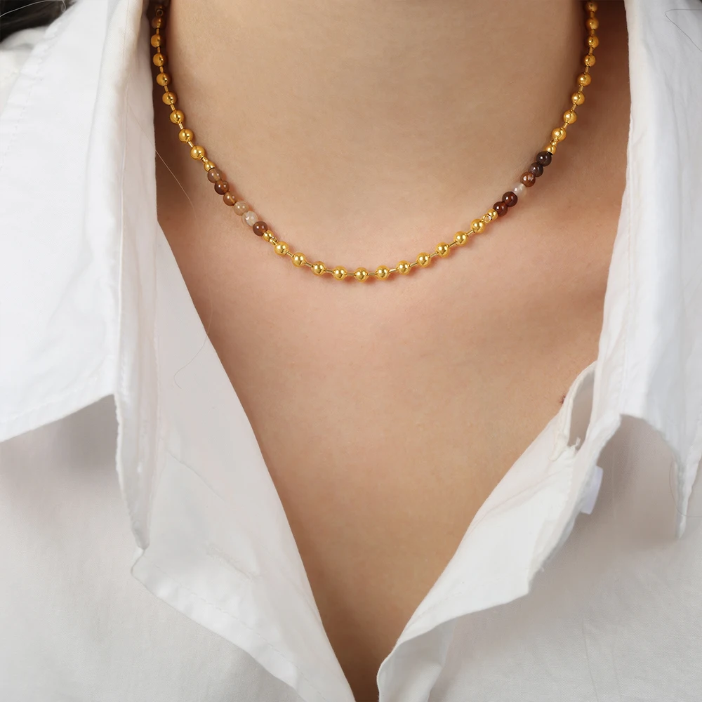 女性のための天然石ダブルレイヤースプライシングビーズネックレス、レトロな形の巻き戻しネックレス