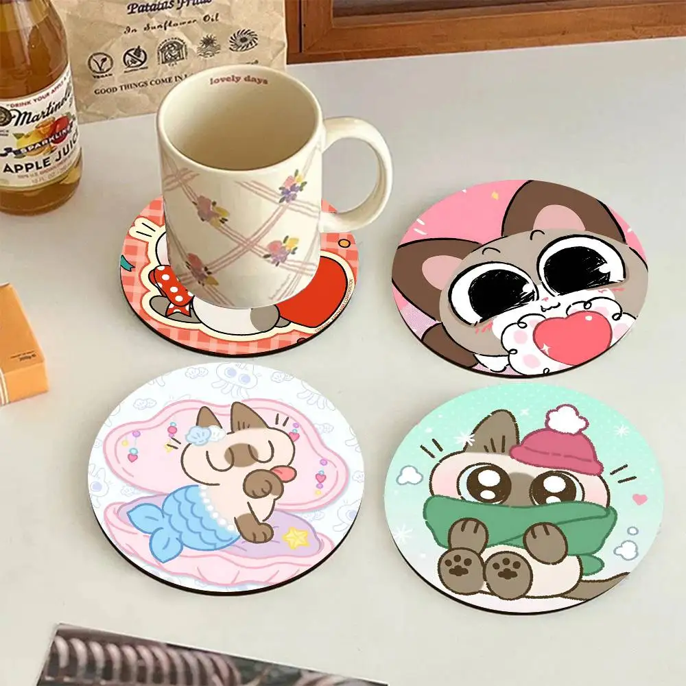 Cute Azuki Cat Wooden Coasters Heat-resistant And Non-slip Suitable For Restaurants And Cafes And Make Great Holiday Gifts