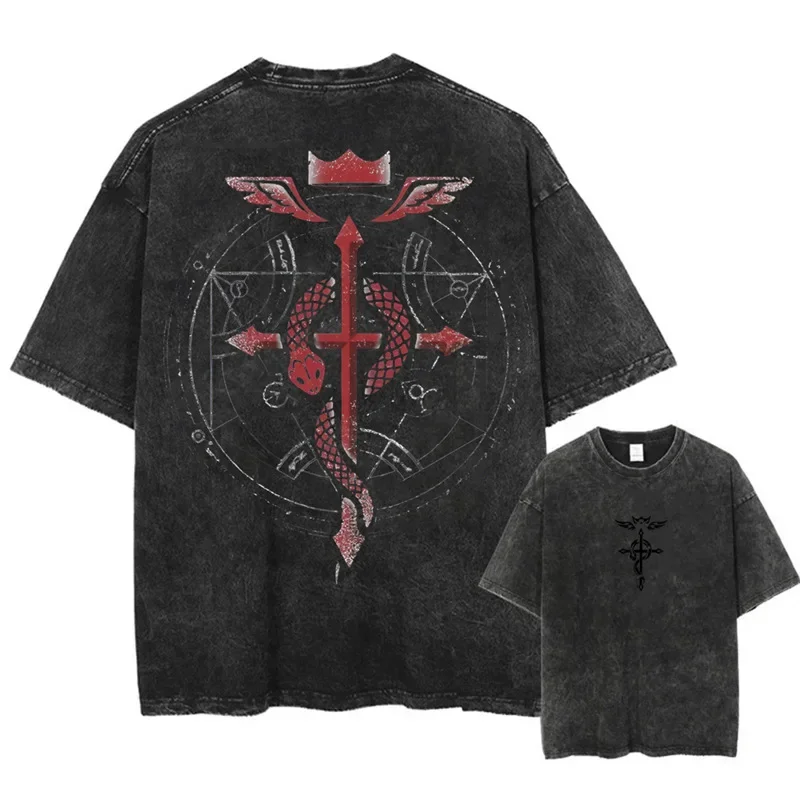 Koszulka damska z nadrukiem anime Fullmetal Alchemist, styl retro, kwasowy, bawełna Hara, okrągły dekolt, krótki rękaw, modny top.