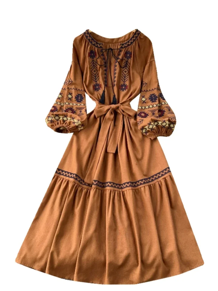 tan embroidered dress Leta Tan Embroidered Trim Dress – JO+CO main image 0