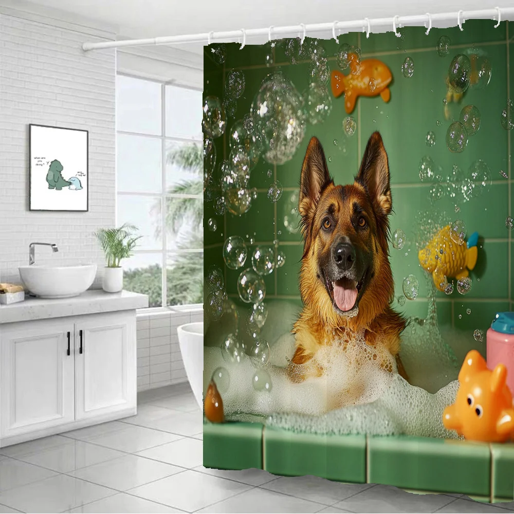German Shepherd in Bubble Bath Shower Curtain – Fish Toys, Green Tiles, Polyester, Machine Washable, Whimsical Pet Theme