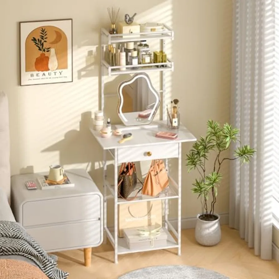 

Small Vanity Desk Without Mirror, Makeup Vanity Table for Small Space, Compact White Dressing Table with Fabric Drawers, Makeup