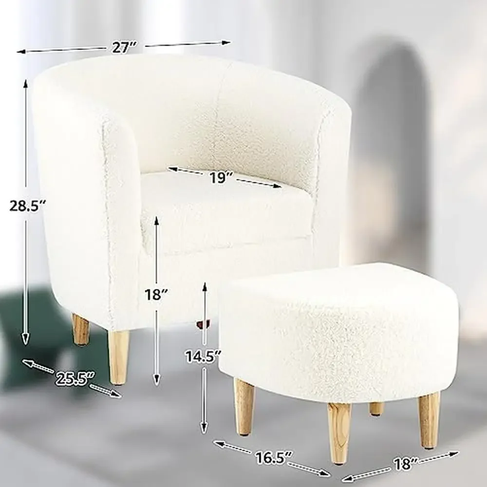 Cozy Sherpa Accent Chair Set of 2 with Ottoman Living Room and Bedroom Lounge White Fluffy Barrel Teddy Chair Durable