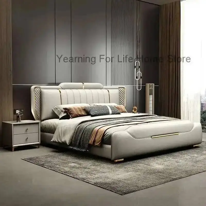 

Leather Wedding Modern European Luxury Light Bed Wood King Size Bed Twin Confortable High Quality Cama De Casal Home Furniture