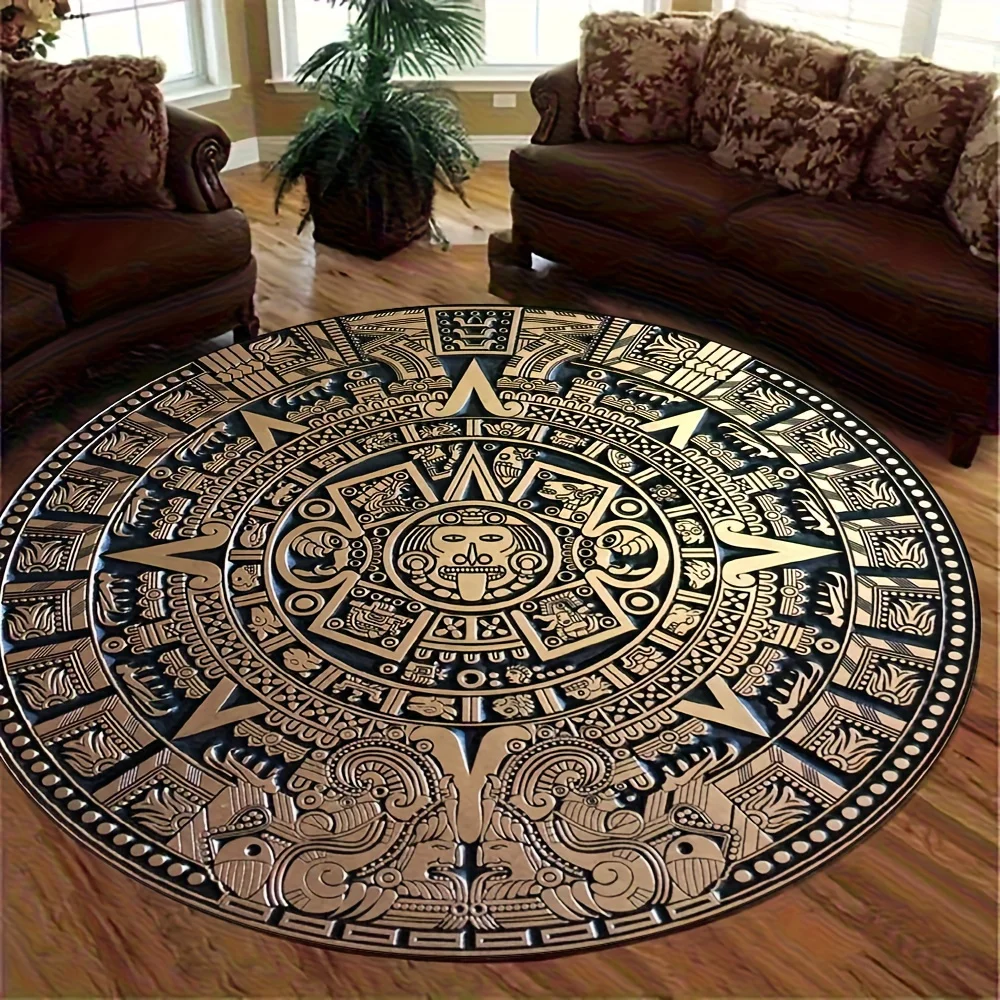 Retro Aztec Sun Calendar Round Rug Mayan Culture 3D Print Non-slip Floor Mat for Living Room Bedroom Mystical Home Decor Carpet
