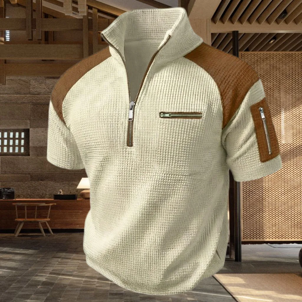 Summer men's new style fashionable casual short-sleeved shirt with zipper on the arm, breathable, comfortable and loose-fitting