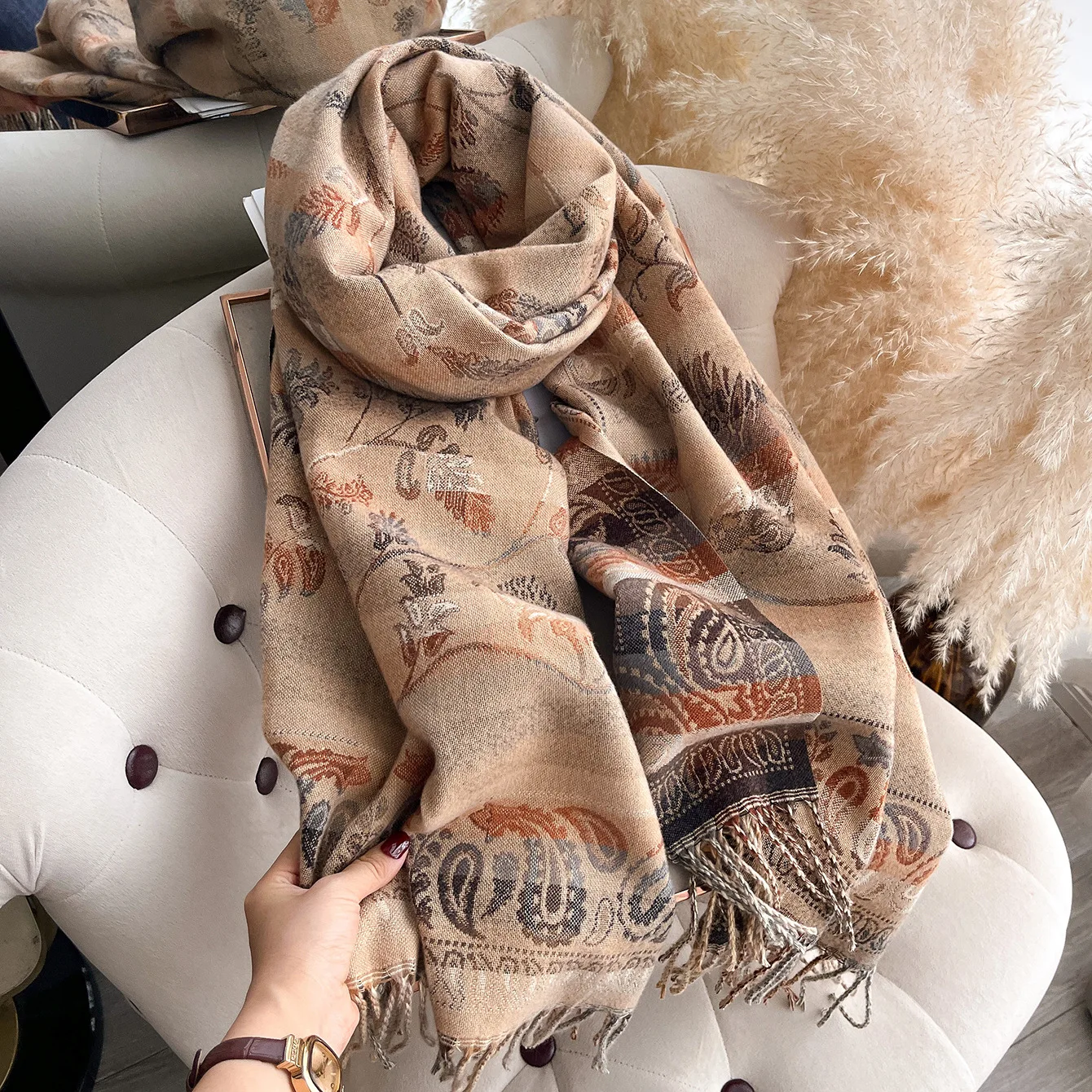 Women Scarf Cashmere Like Shawl Wrap Floral Paisley Pattern Tassel Fringe Reversible Double Sided Neck Warmer Winter Stole