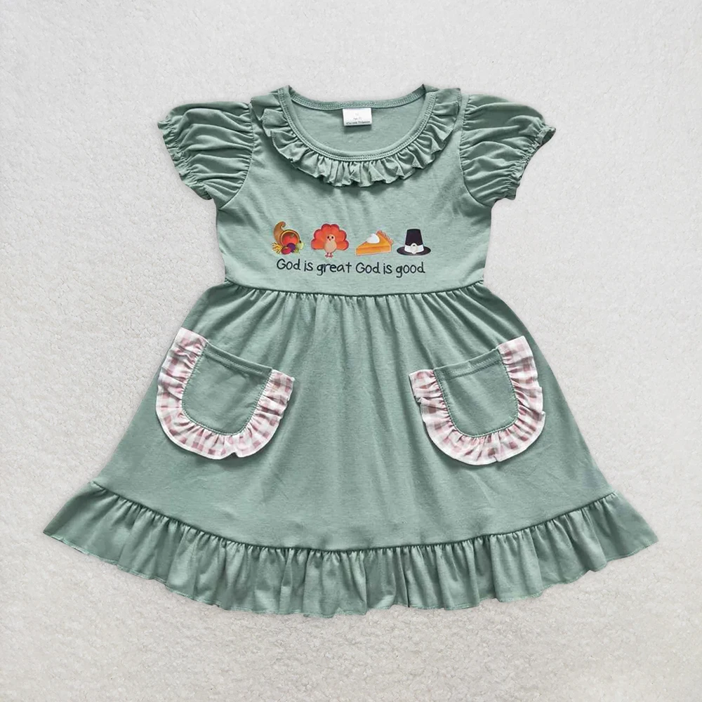 

Baby Girls Green Thanksgiving Turkey Dress Knee-Length Pockets God Is Great God Is Good Fall Outfit for Kids