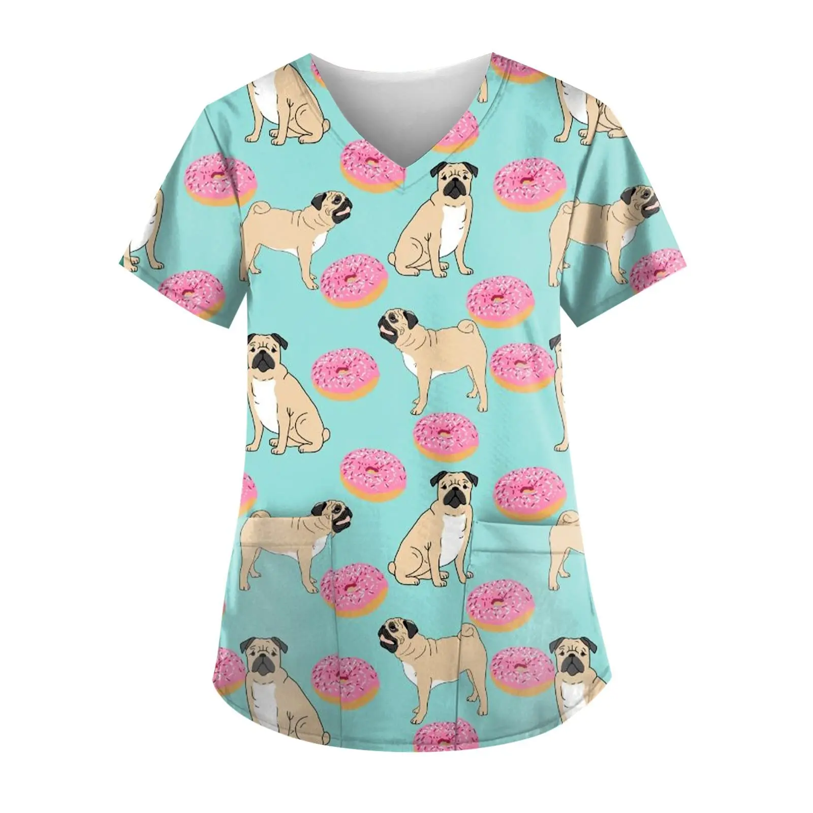 Nurse Uniform Woman Cute Puppy Cartoon Print Vet Nursing Tops Fashion V-Neck Comfort Short Sleeve Dental Uniforms Women Medical