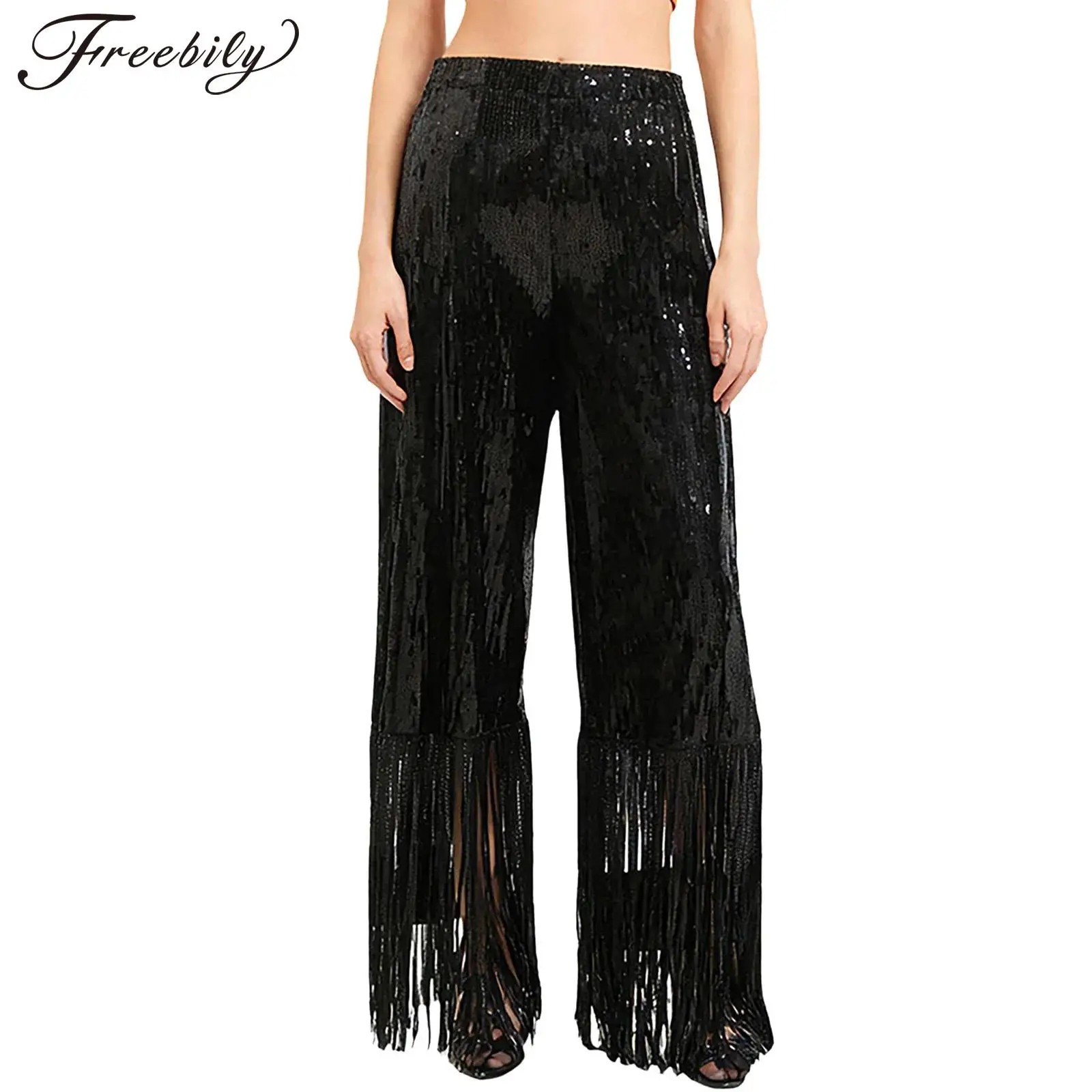 

Женский костюм для латинских танцев, дискотеки, танго, ча-ча, румбы, бальных костюмов, блестящие широкие брюки с блестками и бахромой для рейв-вечеринки