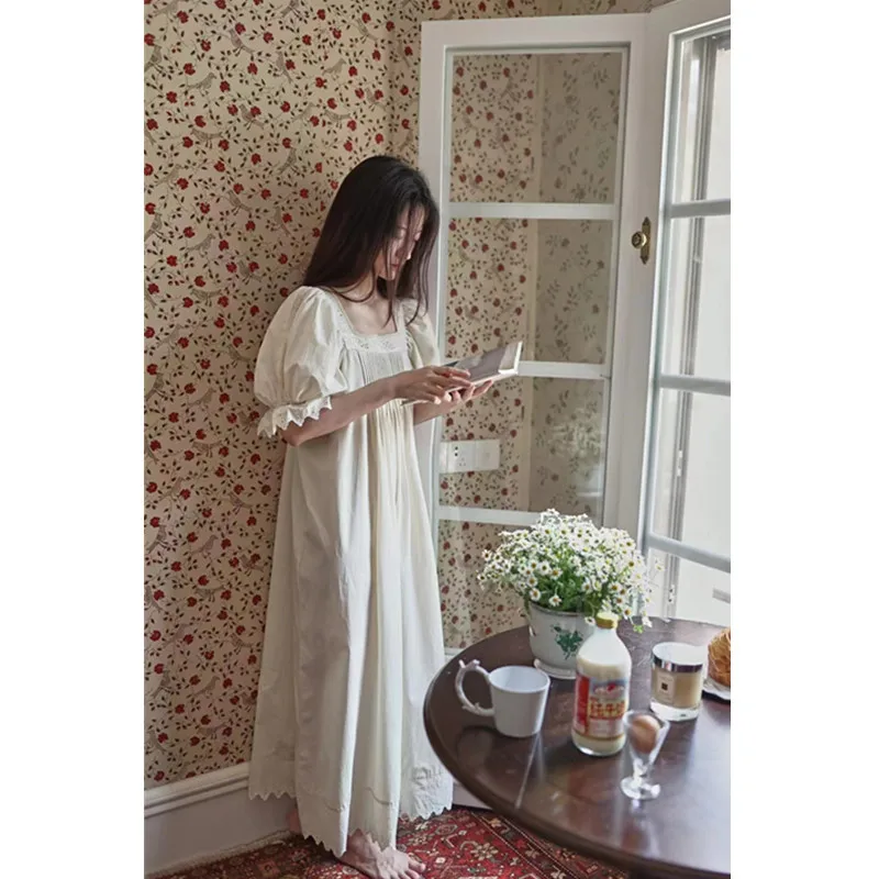 2024 Princess Vintage Long Nightgowns Women French Embroidery Square Collar Loose Nightdress Spring Full Sleeves Cotton Nightie