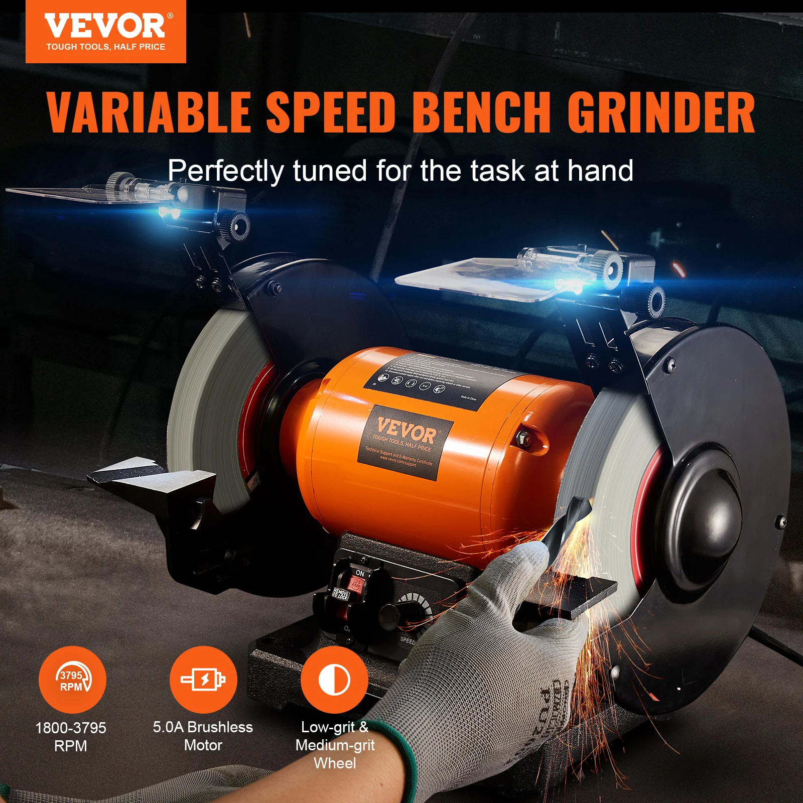 VEVOR 8 Inch Bench Grinder Variable Speed Multifunctional Polishing Grinding Machine Power Disc Polishing Tools for Household